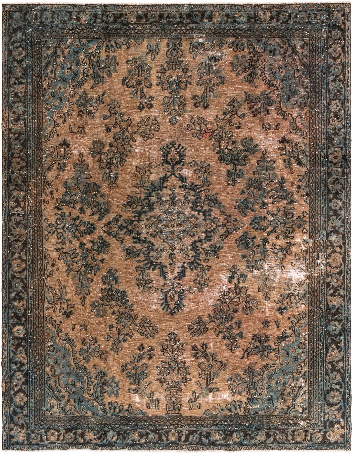 A rectangular 8x11 Ultra Vintage rug featuring a faded brown and tan background with a distressed blue Persian medallion and floral pattern, perfect for a living room.