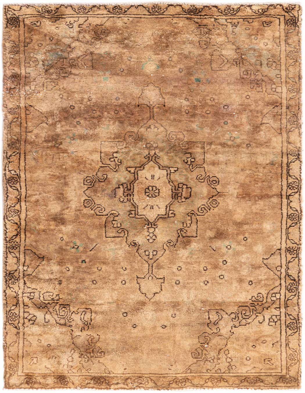 A 4x6 rectangular brown wool rug with a faded Persian medallion pattern and a distressed vintage look.