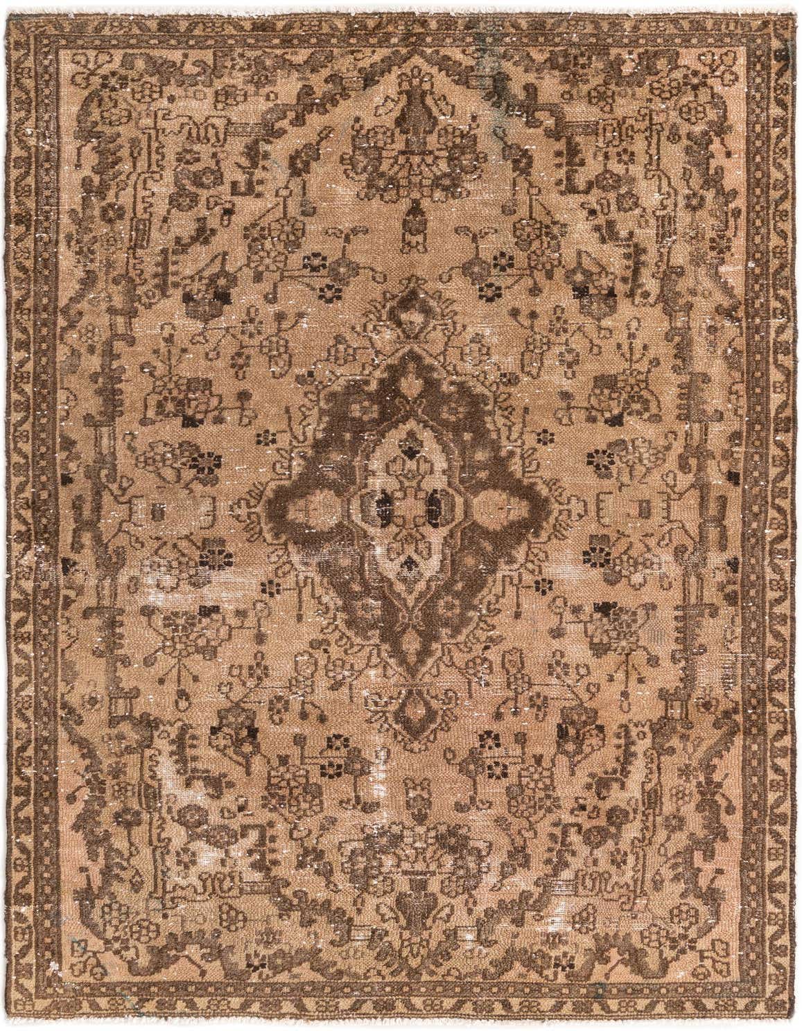A 5x8 rectangular brown and tan Persian-style wool rug with a distressed medallion pattern, suitable for a living room.