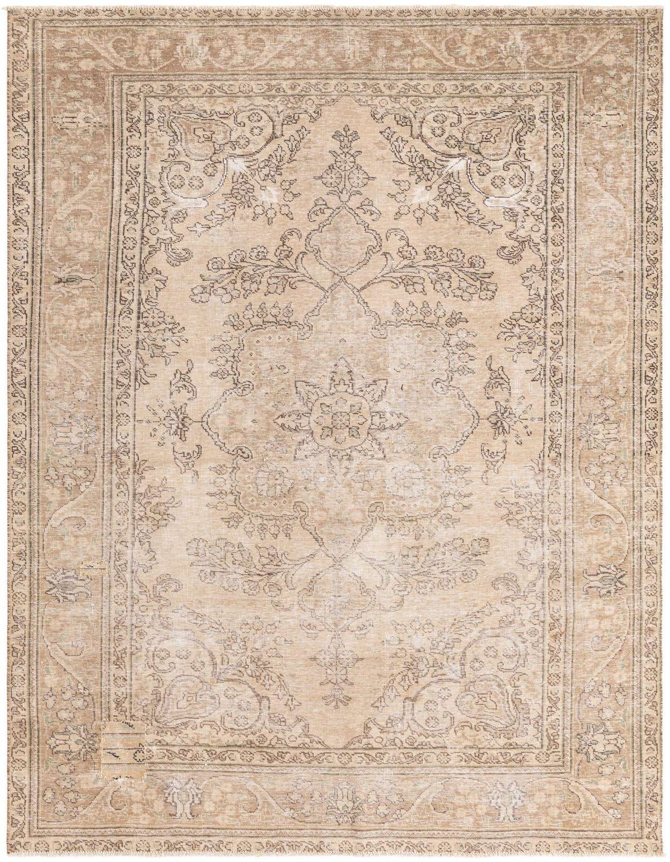 A 6x9 rectangular Rugs.com Ultra Vintage rug with a distressed Persian medallion pattern in shades of brown and tan.