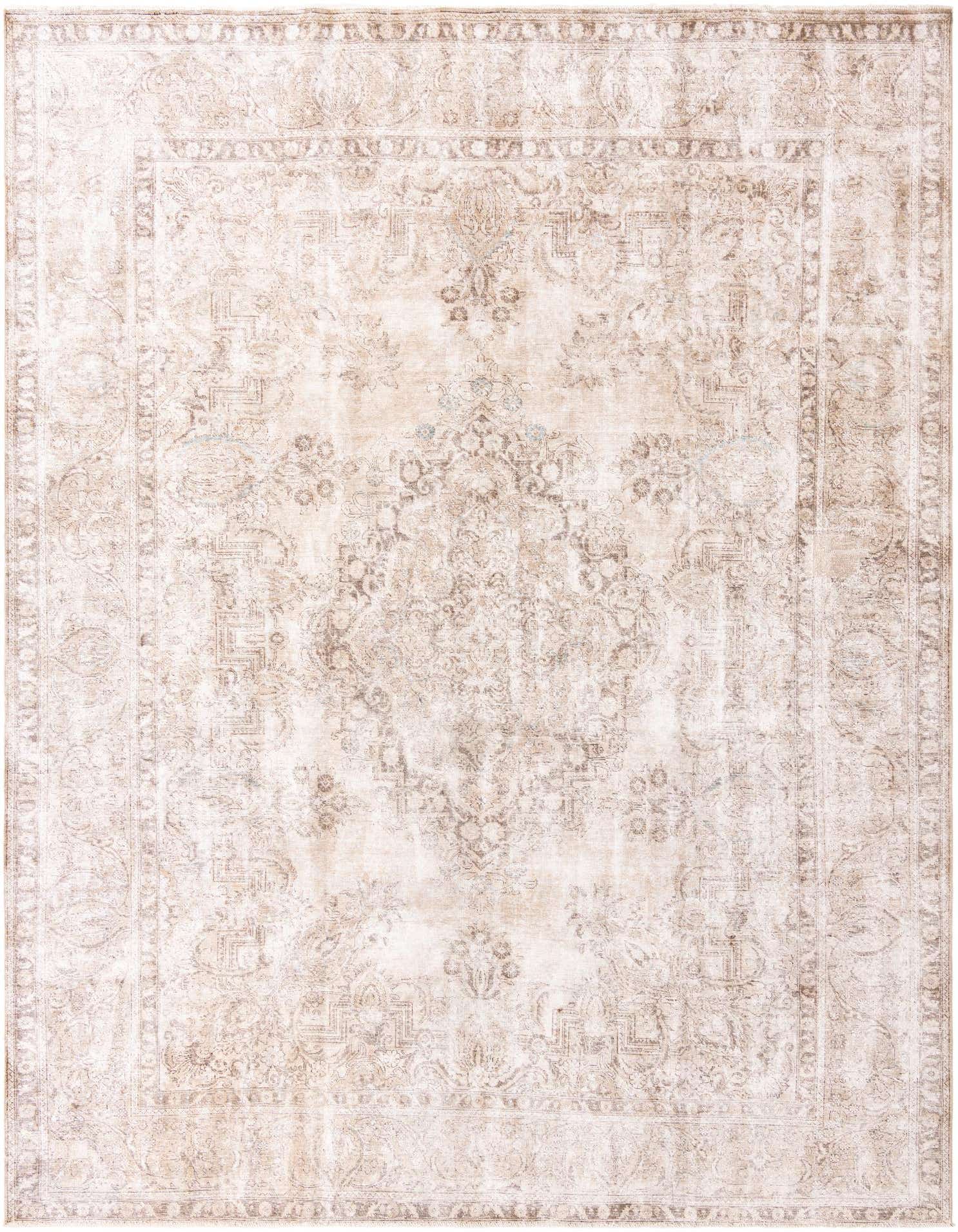 A 10x13 rectangular Rugs.com Ultra Vintage area rug in shades of brown and tan, featuring a distressed Persian medallion pattern.