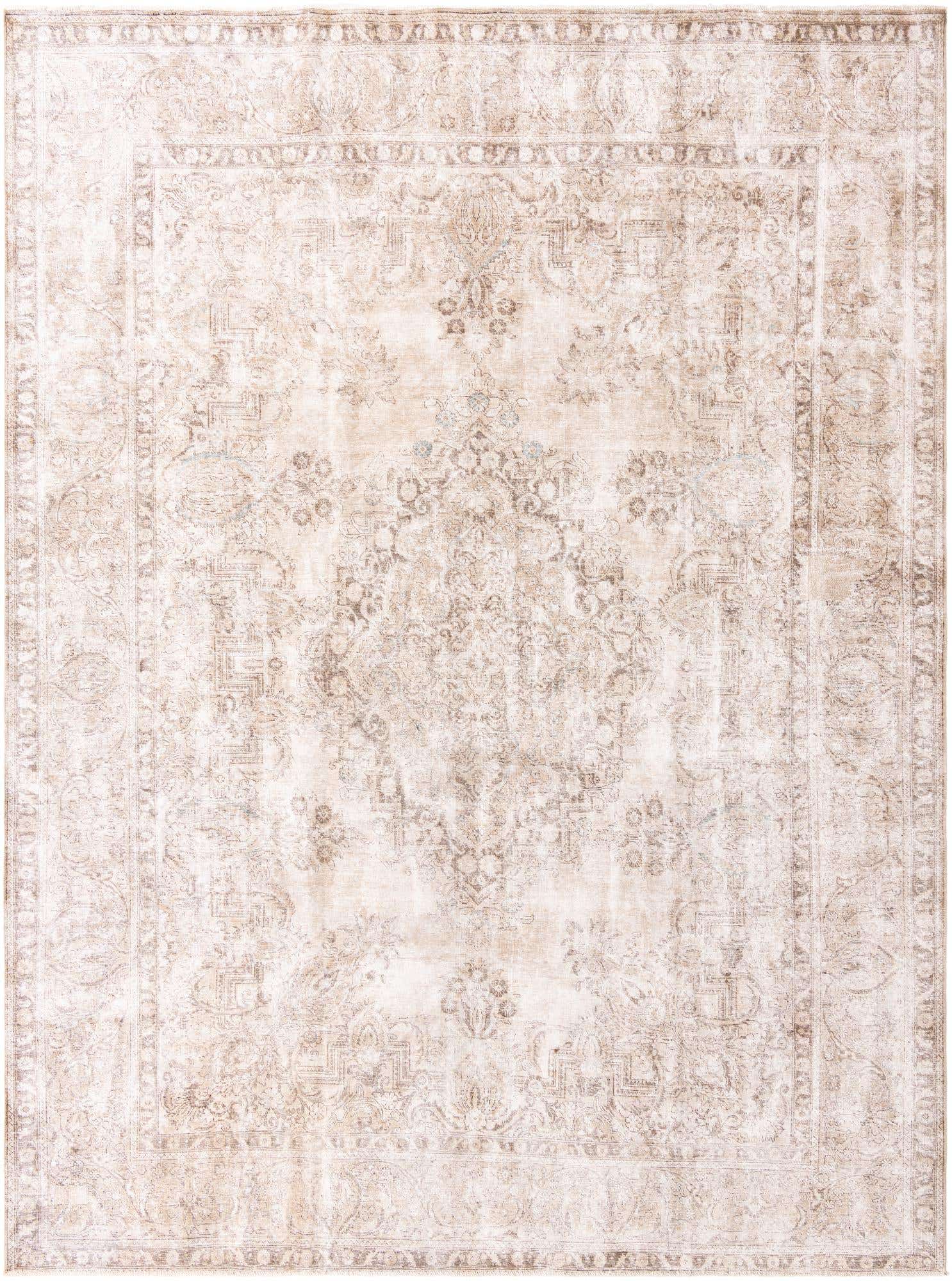 A 10x13 rectangular Rugs.com Ultra Vintage area rug in shades of brown and tan, featuring a distressed Persian medallion pattern.