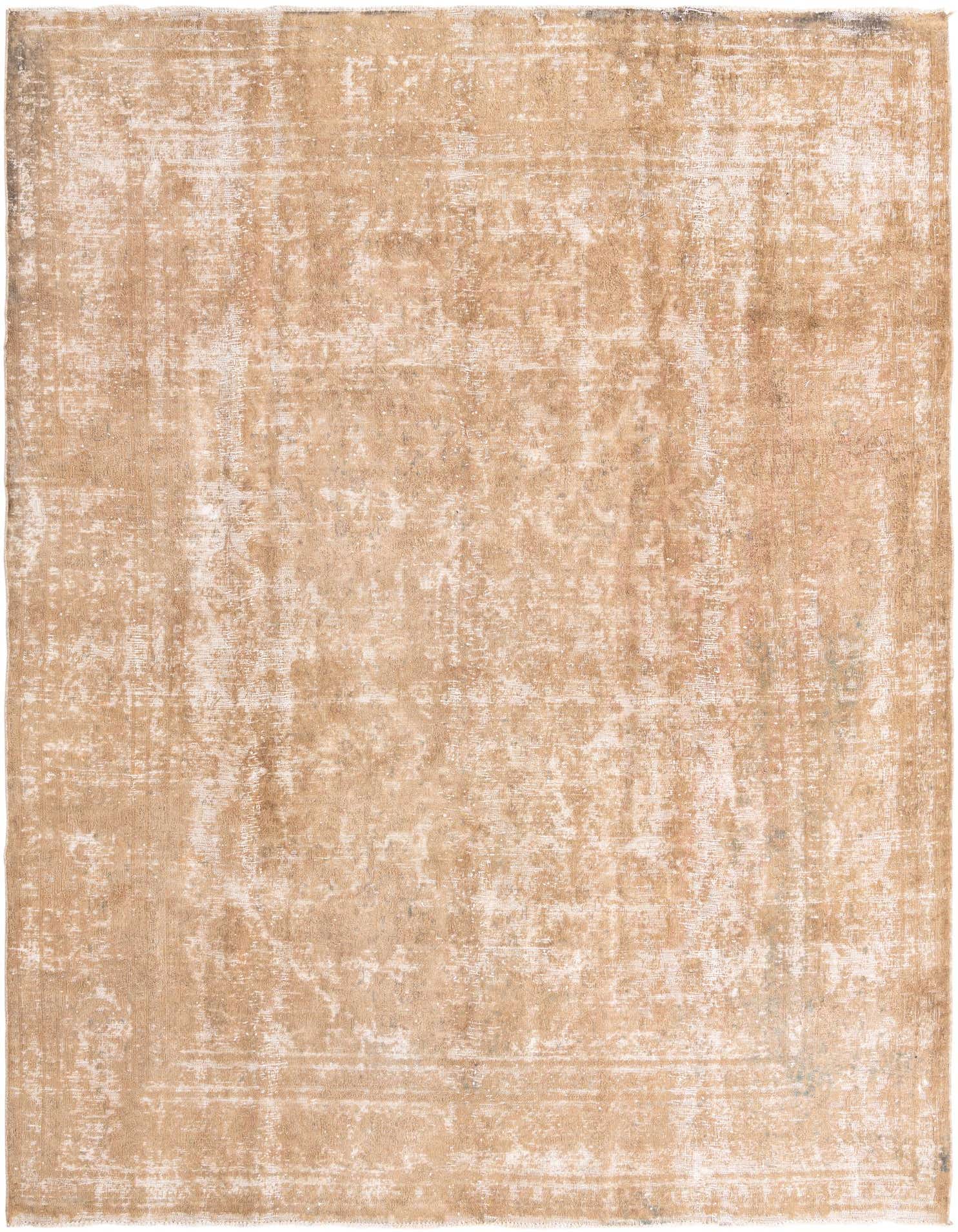 A 10x13 rectangular brown and tan wool rug with a distressed Persian medallion pattern, suitable for a living room.