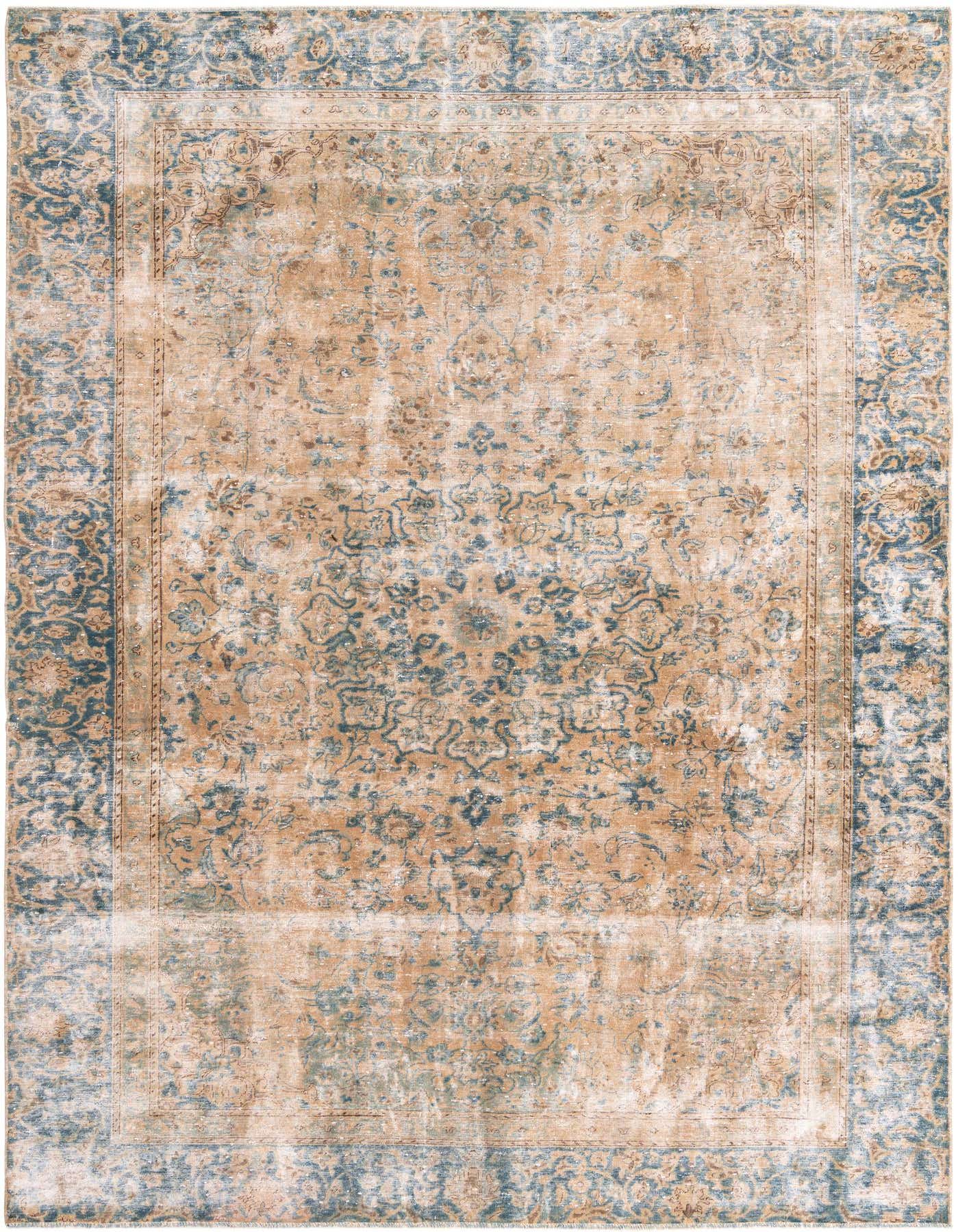 An 8x12 rectangular Ultra Vintage wool rug featuring a distressed Persian medallion pattern in brown, tan, and faded blue.
