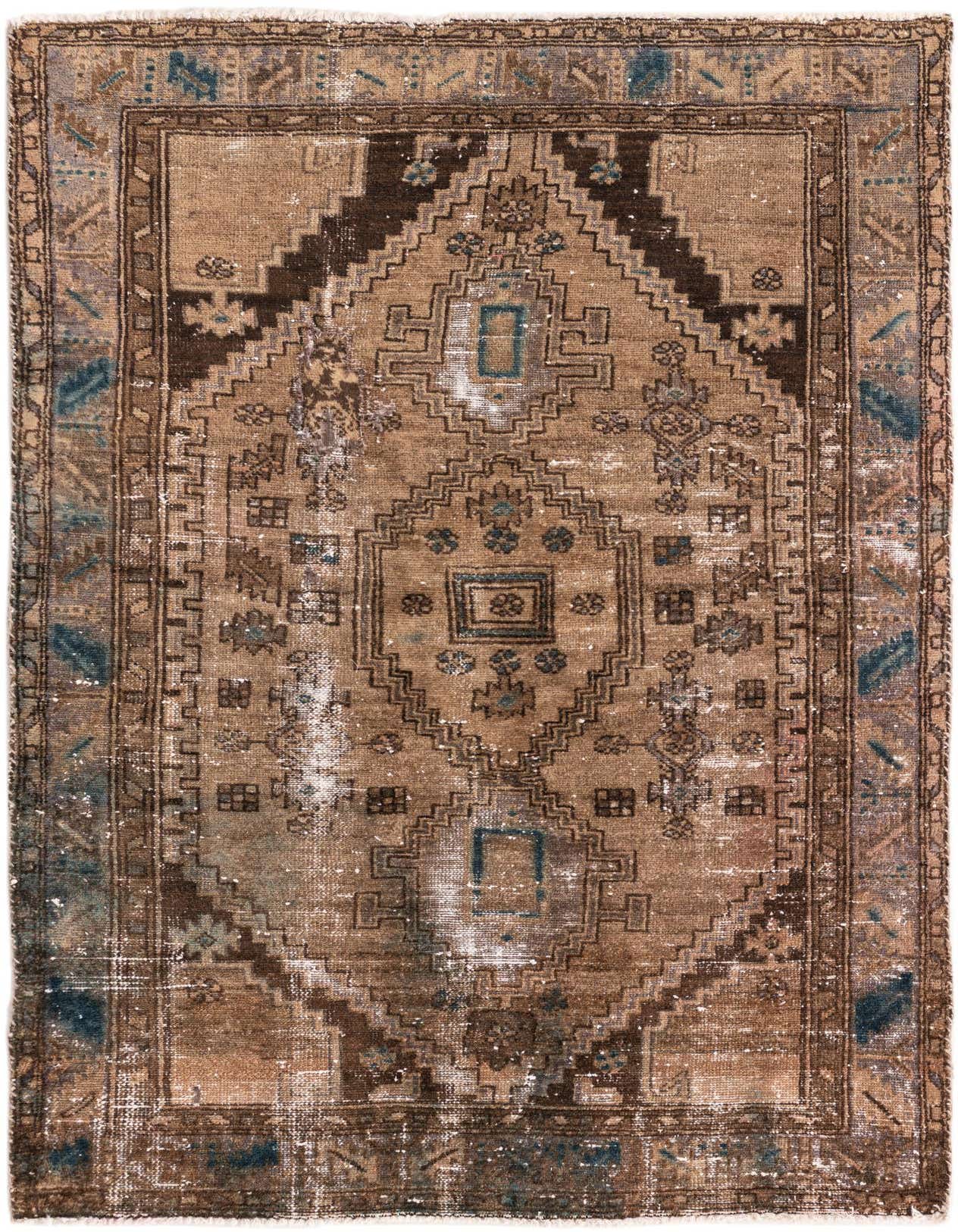 A 4x6 rectangular Ultra Vintage wool rug in browns and tans with a distressed Persian medallion pattern.