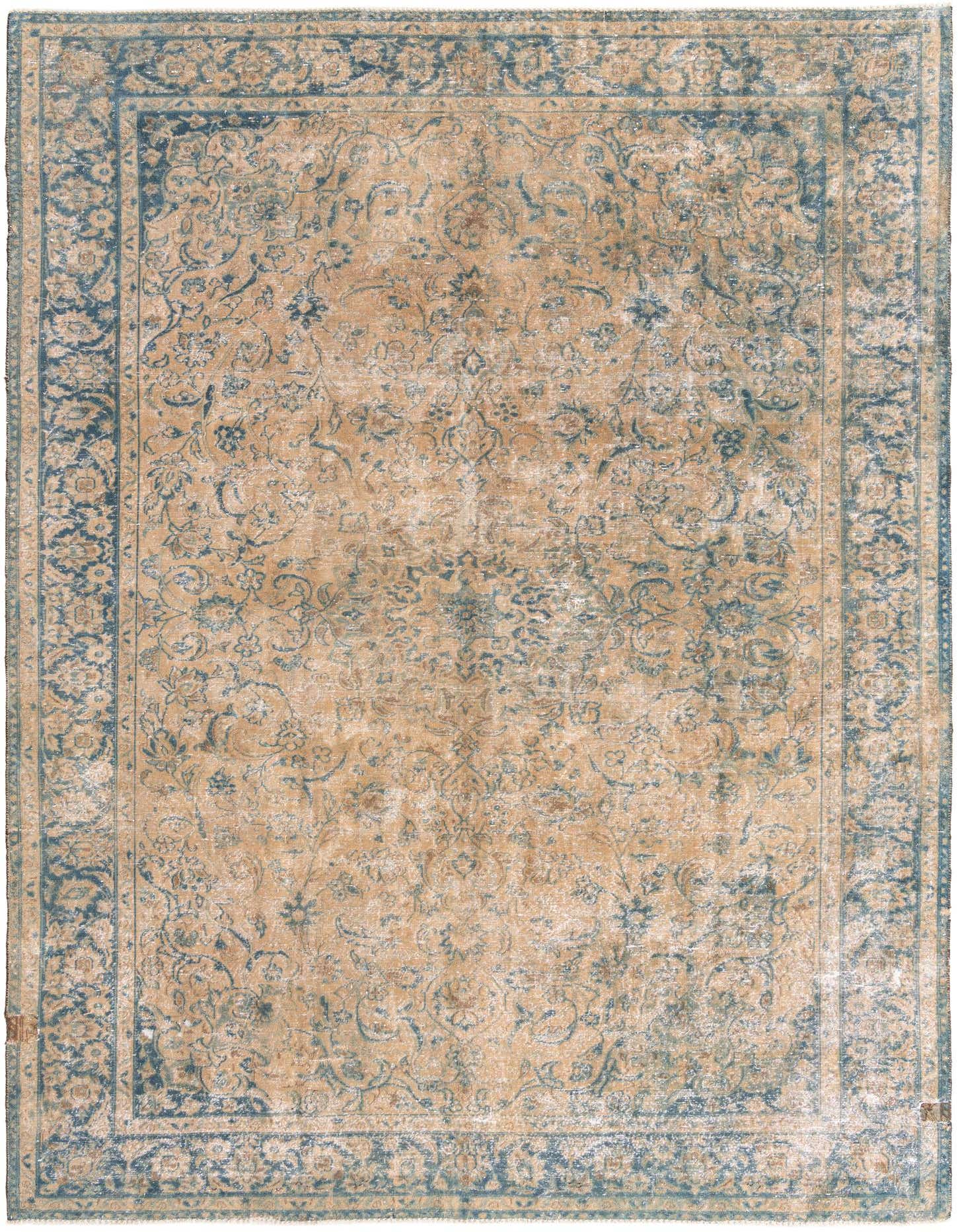 A 9x12 rectangular Ultra Vintage rug in tan and faded blue, featuring a distressed Persian medallion and floral border pattern.