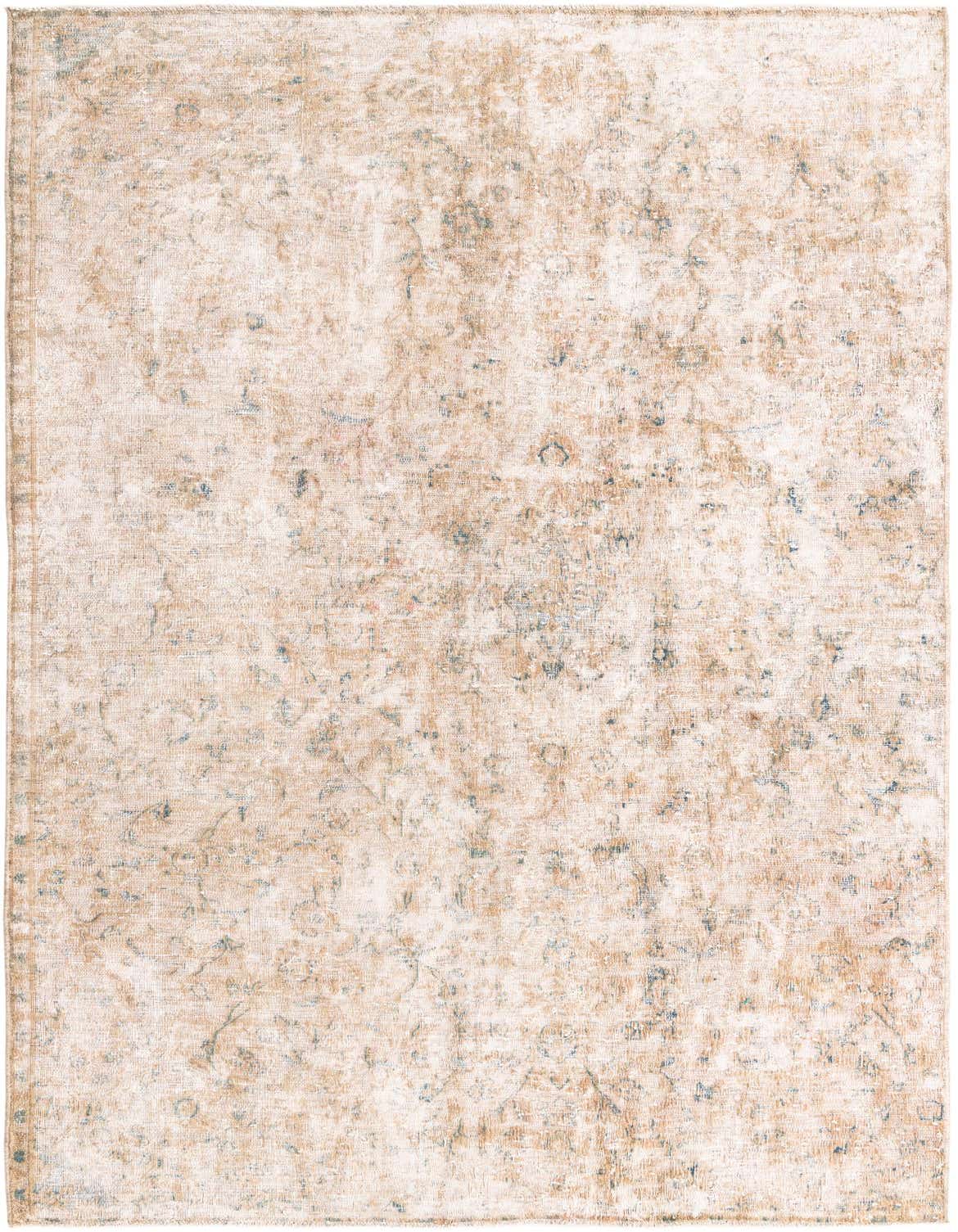 A 6x9 rectangular Ultra Vintage rug, handmade from wool, featuring a distressed Persian pattern in browns, tans, and subtle blues.