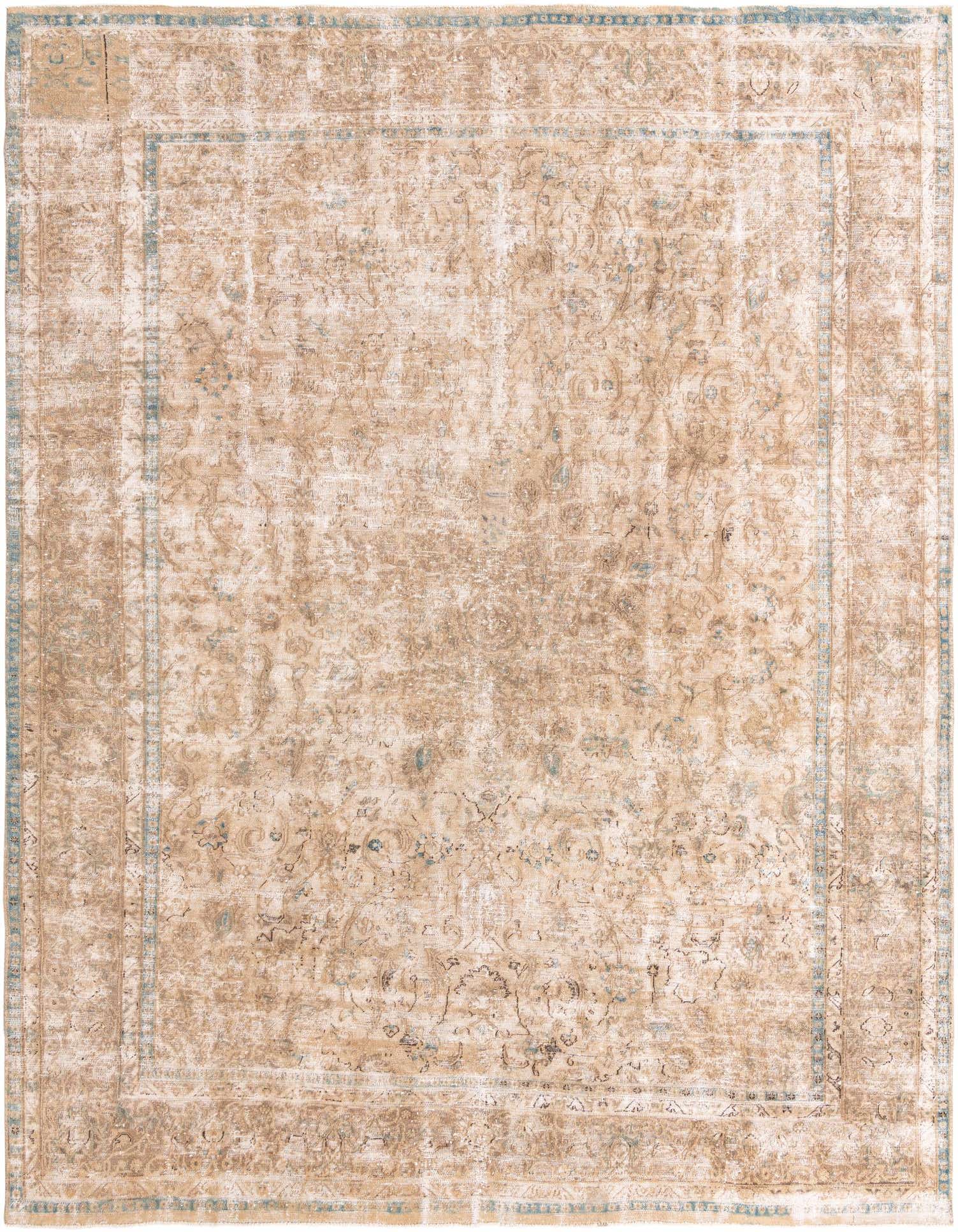 A 9x12 rectangular Ultra Vintage Persian rug in varying shades of brown and tan with subtle blue accents, featuring a distressed medallion pattern.