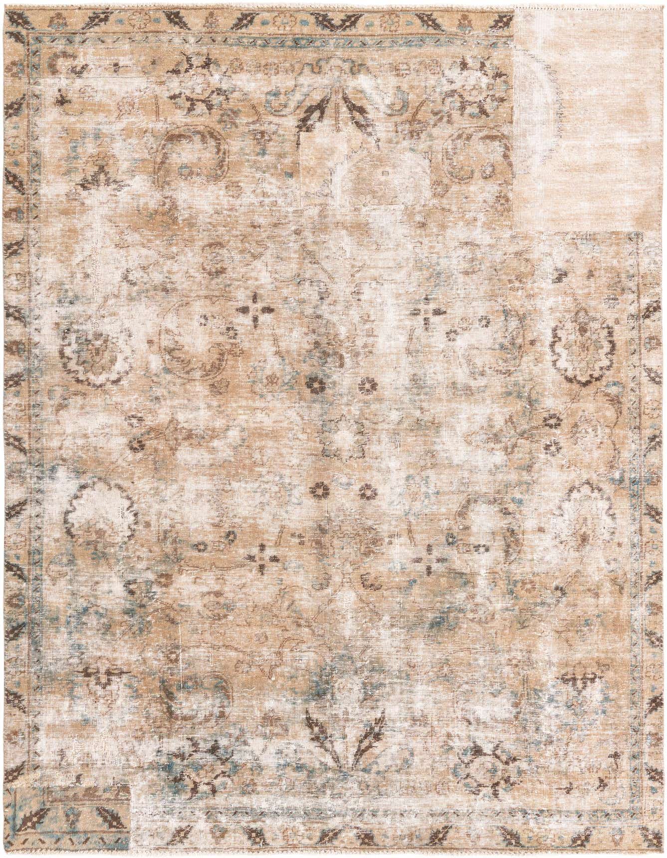 A 6x9 rectangular Ultra Vintage wool rug in browns and tans with a distressed Persian medallion pattern.
