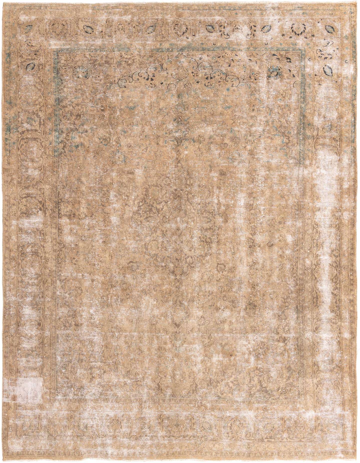 A 10x13 rectangular brown and tan Persian-style rug with a distressed medallion pattern and subtle blue accents.