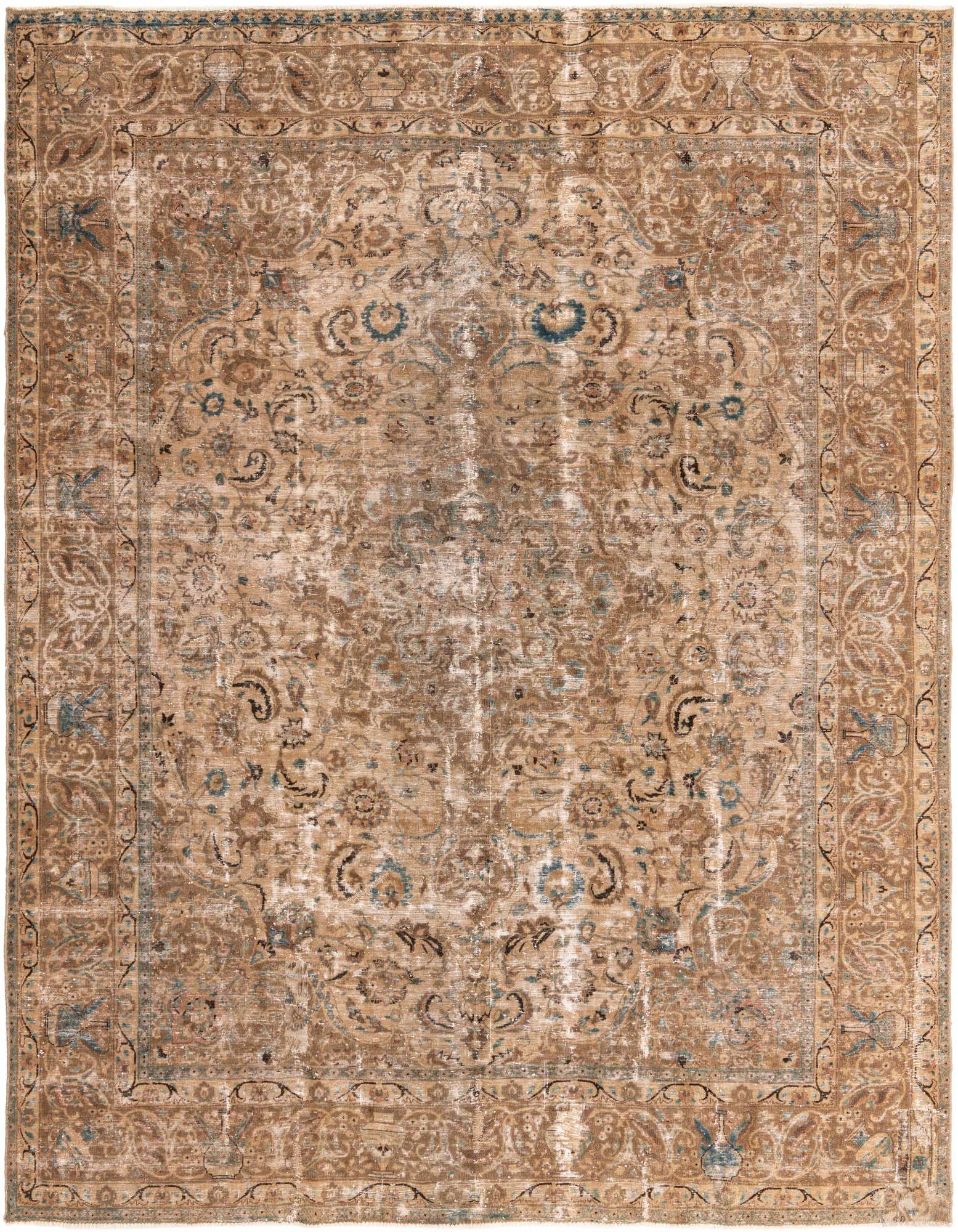 A 10x12 rectangular Ultra Vintage Persian rug in shades of brown and tan, featuring a distressed medallion pattern with subtle blue accents.