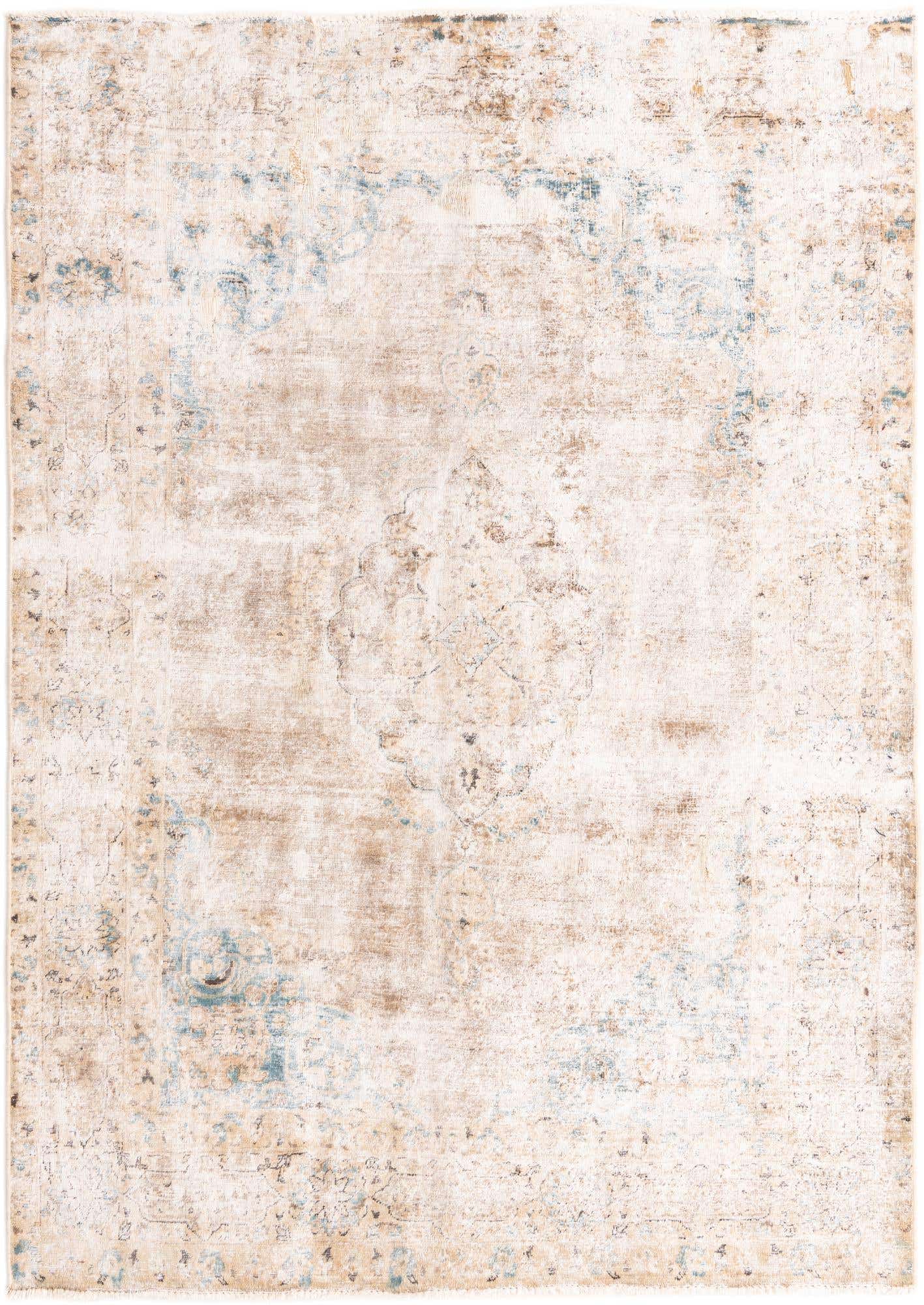 A 5x8 rectangular Rugs.com Ultra Vintage rug with a distressed Persian medallion pattern in shades of brown, tan, and light blue.