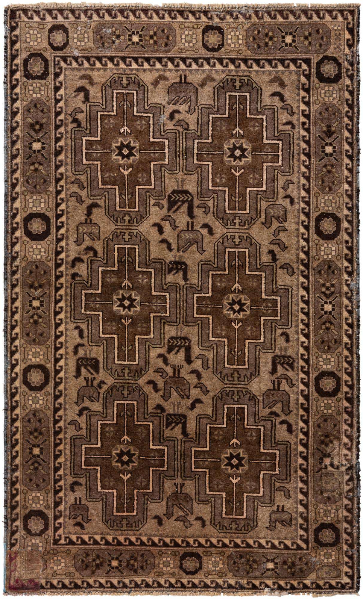 A 4x6 rectangular Ultra Vintage wool rug in shades of brown and tan, featuring a detailed Persian geometric pattern.