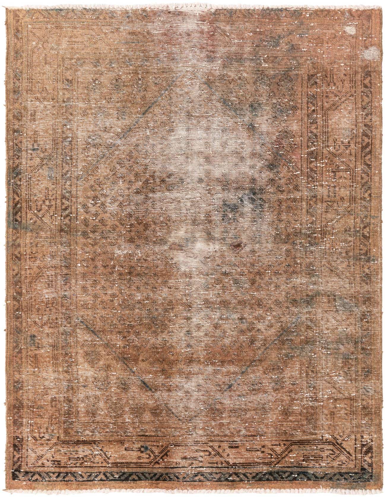 A 4x6 rectangular brown and tan Persian-style wool rug with a faded medallion pattern and distressed vintage look.