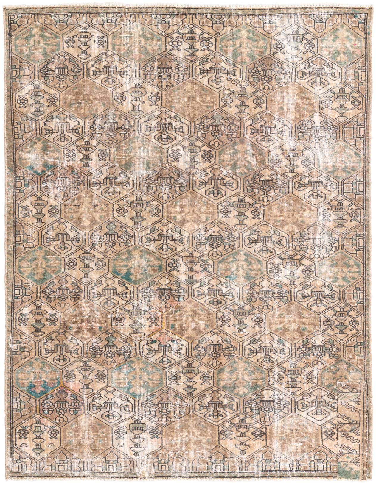 A 6x9 rectangular Ultra Vintage wool rug featuring a distressed Persian pattern in brown, tan, and faded teal.