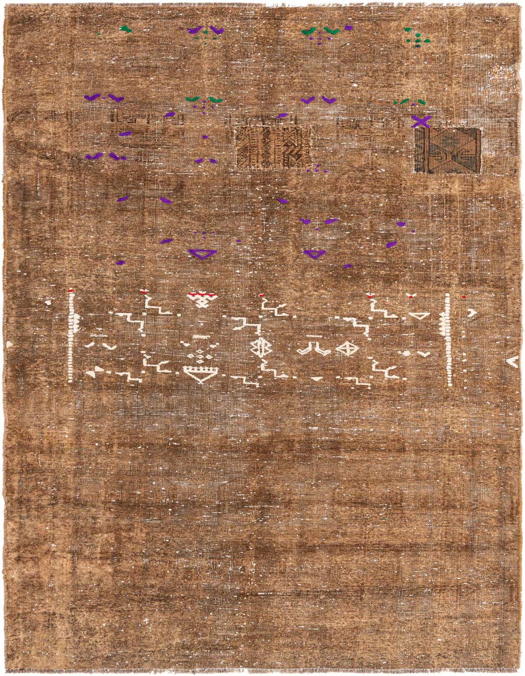 A 4x6 rectangular brown and tan wool rug with a distressed Persian-inspired pattern and colorful accents.