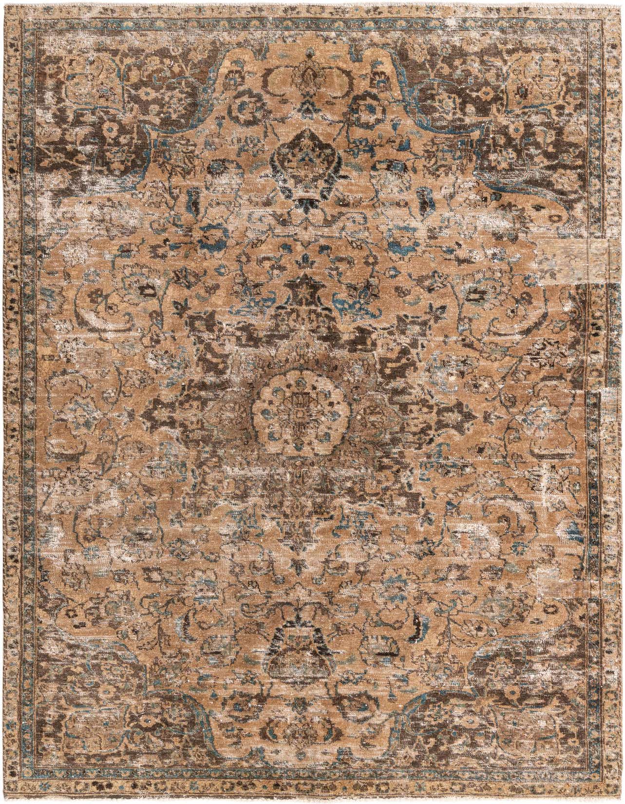 A 6x9 rectangular Ultra Vintage wool rug in shades of brown and tan with a distressed Persian medallion pattern.