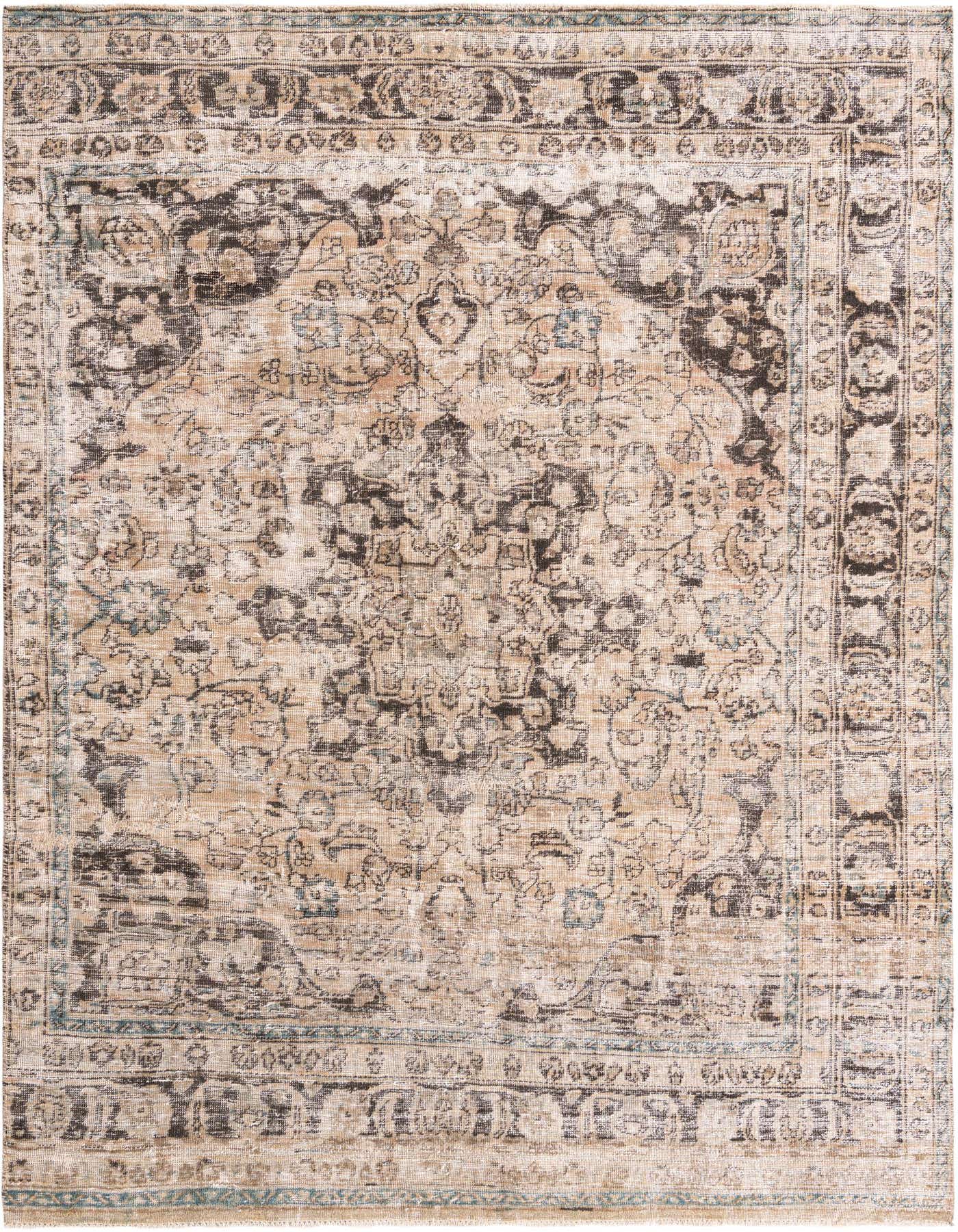 A 7x10 rectangular Ultra Vintage rug with a distressed Persian medallion pattern in shades of brown, tan, and faded blue.