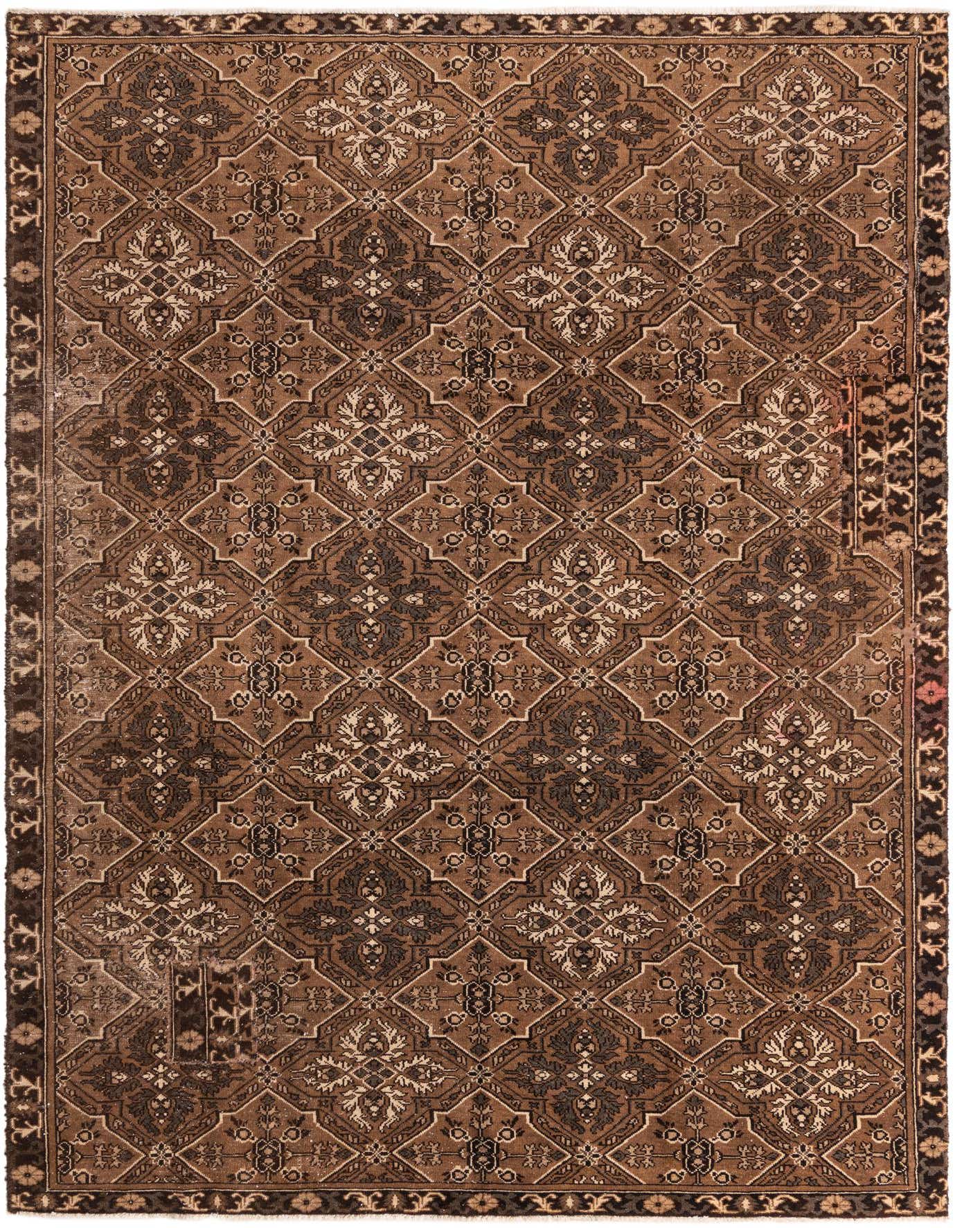 A 7x10 rectangular brown and tan Persian-style wool rug with an intricate traditional pattern and border.