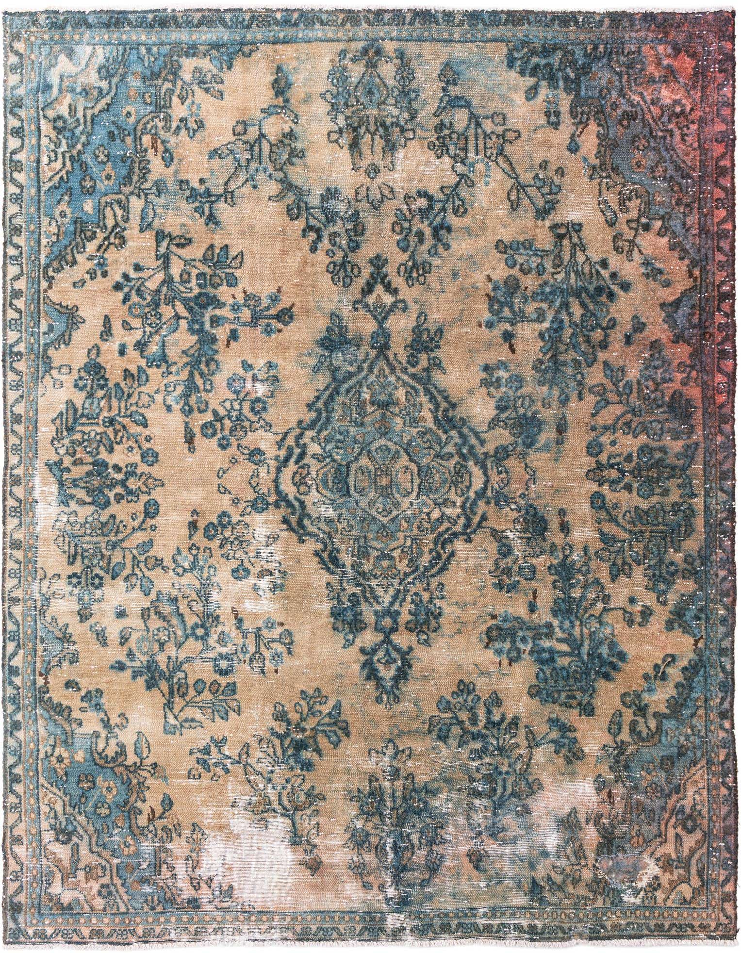 A 7x10 rectangular Ultra Vintage wool rug in browns/tans and faded teal, featuring a distressed Persian medallion pattern.