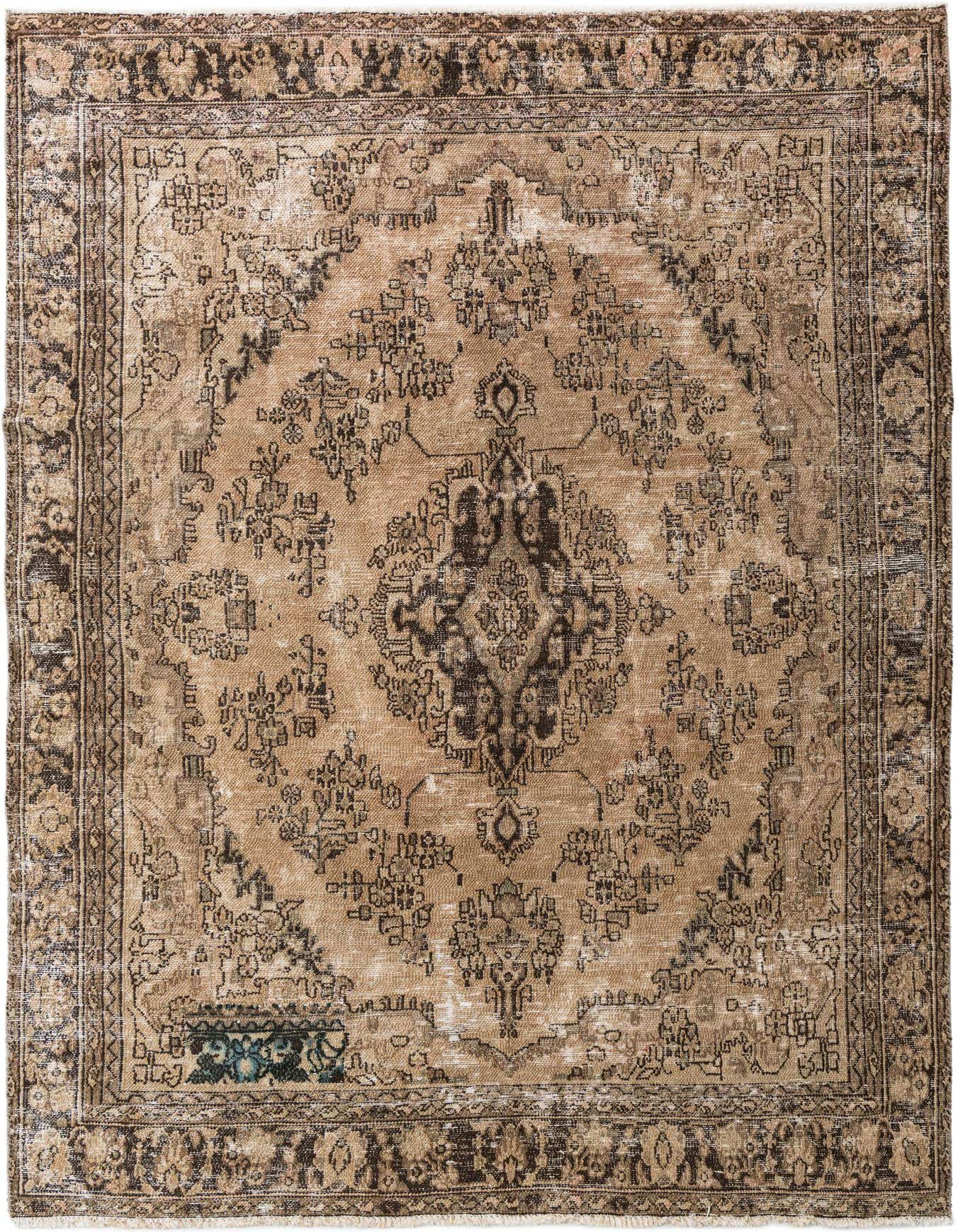 A 7x10 rectangular Ultra Vintage wool rug in browns and tans with a distressed Persian medallion pattern.