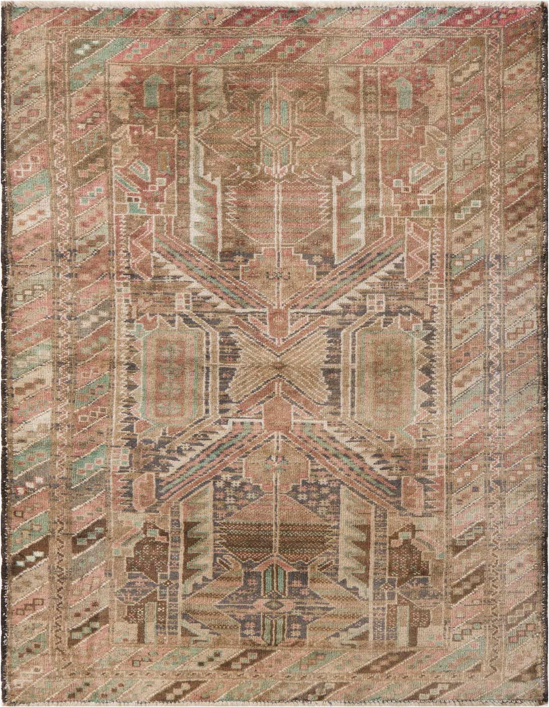 A 4x6 rectangular brown and tan Persian rug with a faded medallion pattern and subtle pink and teal accents.