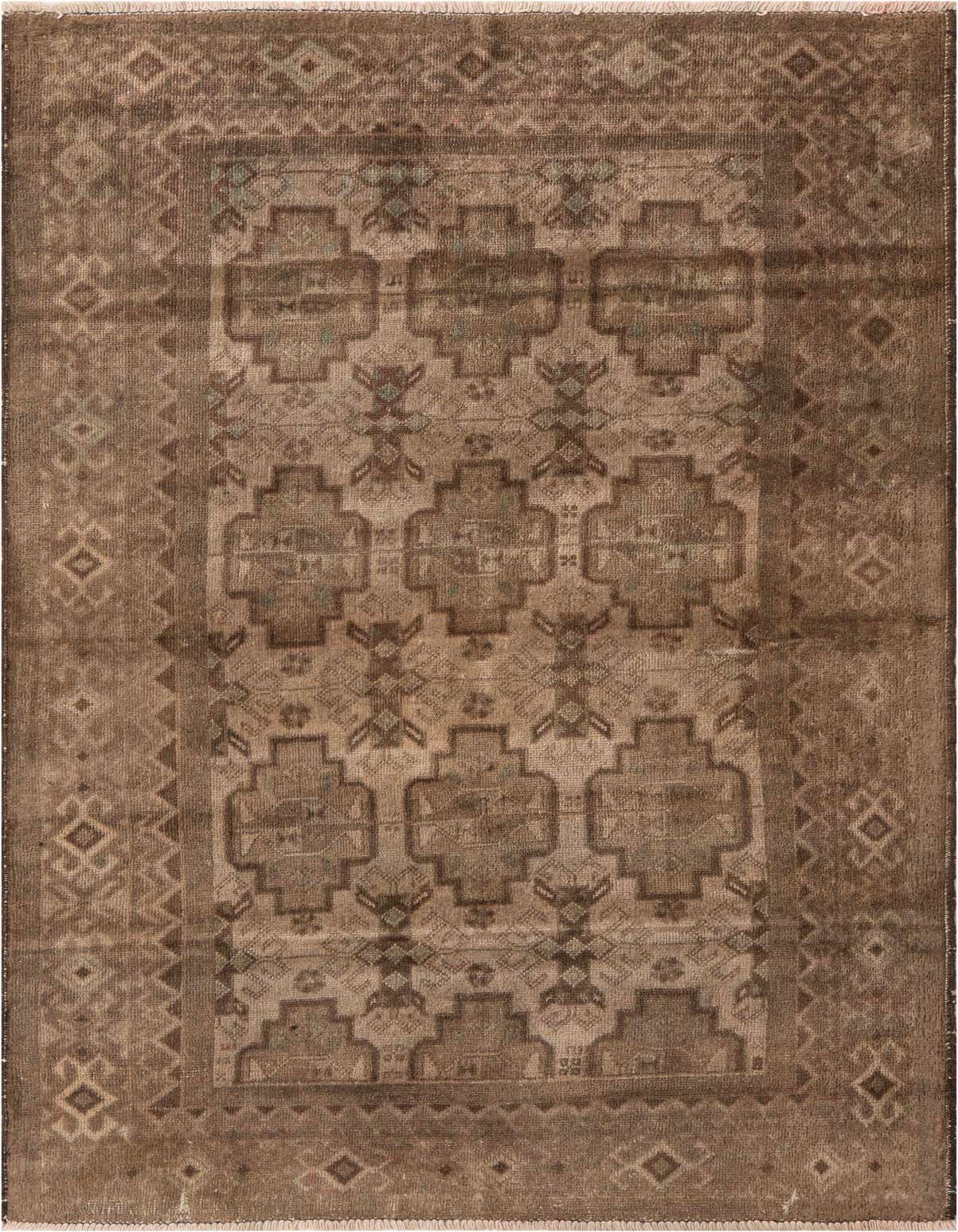A 4x6 rectangular brown and tan Persian-style wool rug with a distressed geometric pattern and border, suitable for a living room.