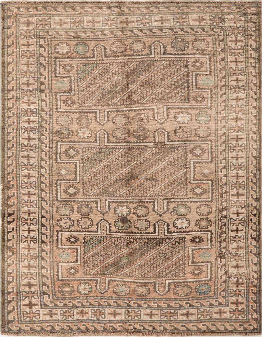 A 4x6 rectangular Ultra Vintage wool rug in browns and tans with a distressed Persian pattern, ideal for a living room.