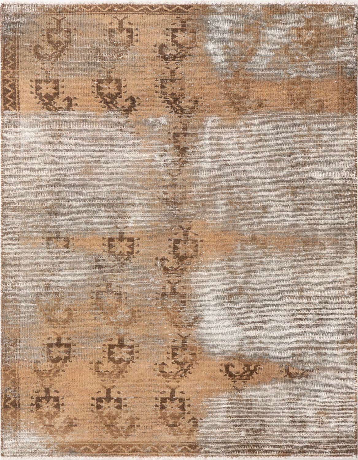 A 4x6 rectangular brown and tan wool rug with a distressed Persian pattern, perfect for a living room.