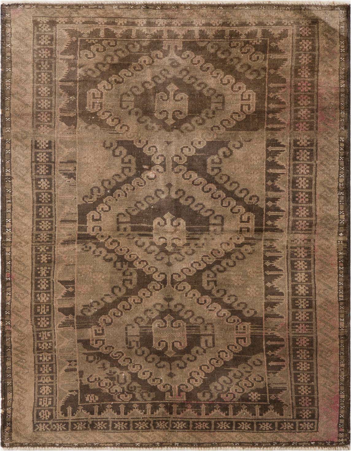 A 4x6 rectangular brown and tan Persian rug with a faded medallion pattern and intricate border, handmade from wool.