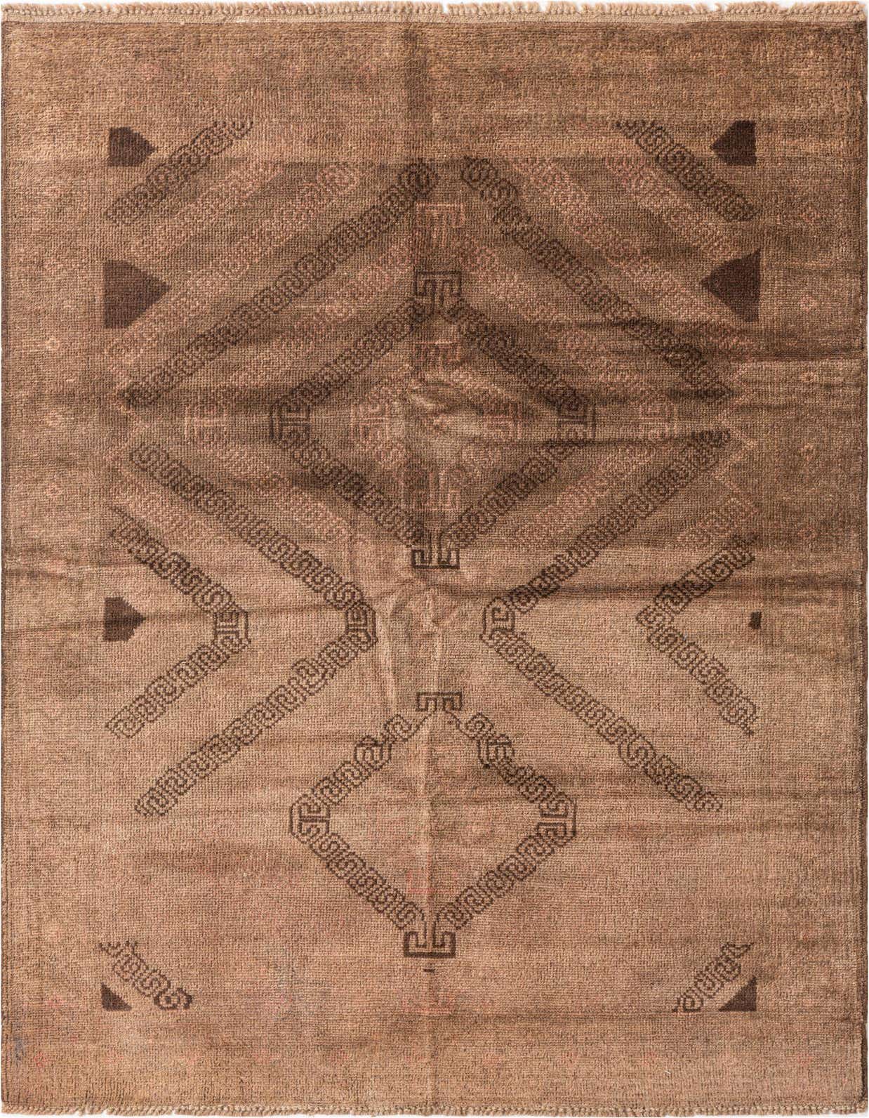 A 4x6 rectangular brown wool rug featuring a distressed Persian-inspired geometric pattern in darker brown tones, suitable for a living room.