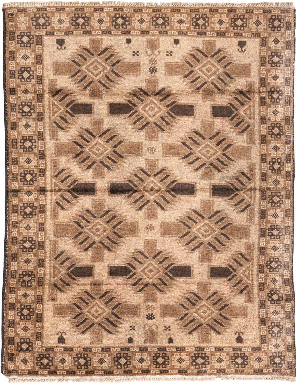 A 4x6 rectangular brown and tan wool rug with a vintage Persian geometric pattern, suitable for a living room.