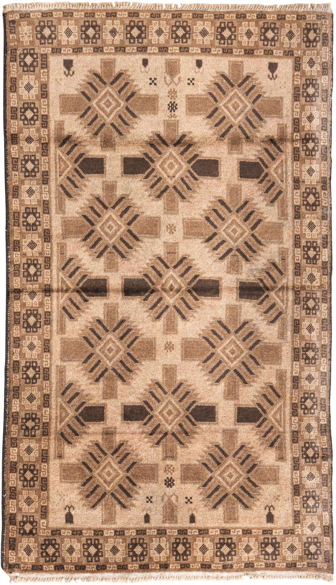 A 4x6 rectangular brown and tan wool rug with a vintage Persian geometric pattern, suitable for a living room.