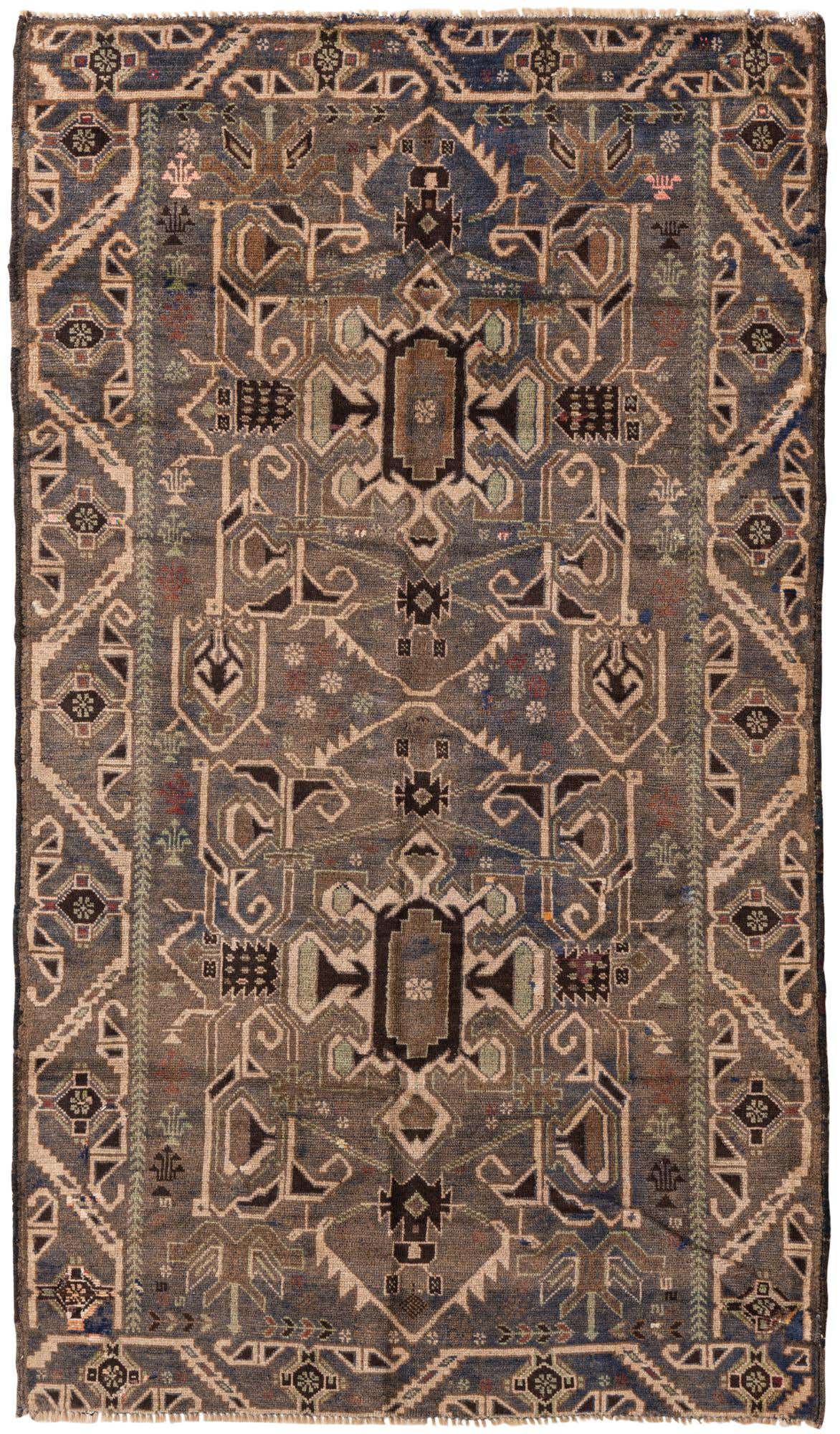 A 4x6 rectangular Ultra Vintage wool rug featuring an intricate Persian pattern in shades of brown, tan, and muted blue.
