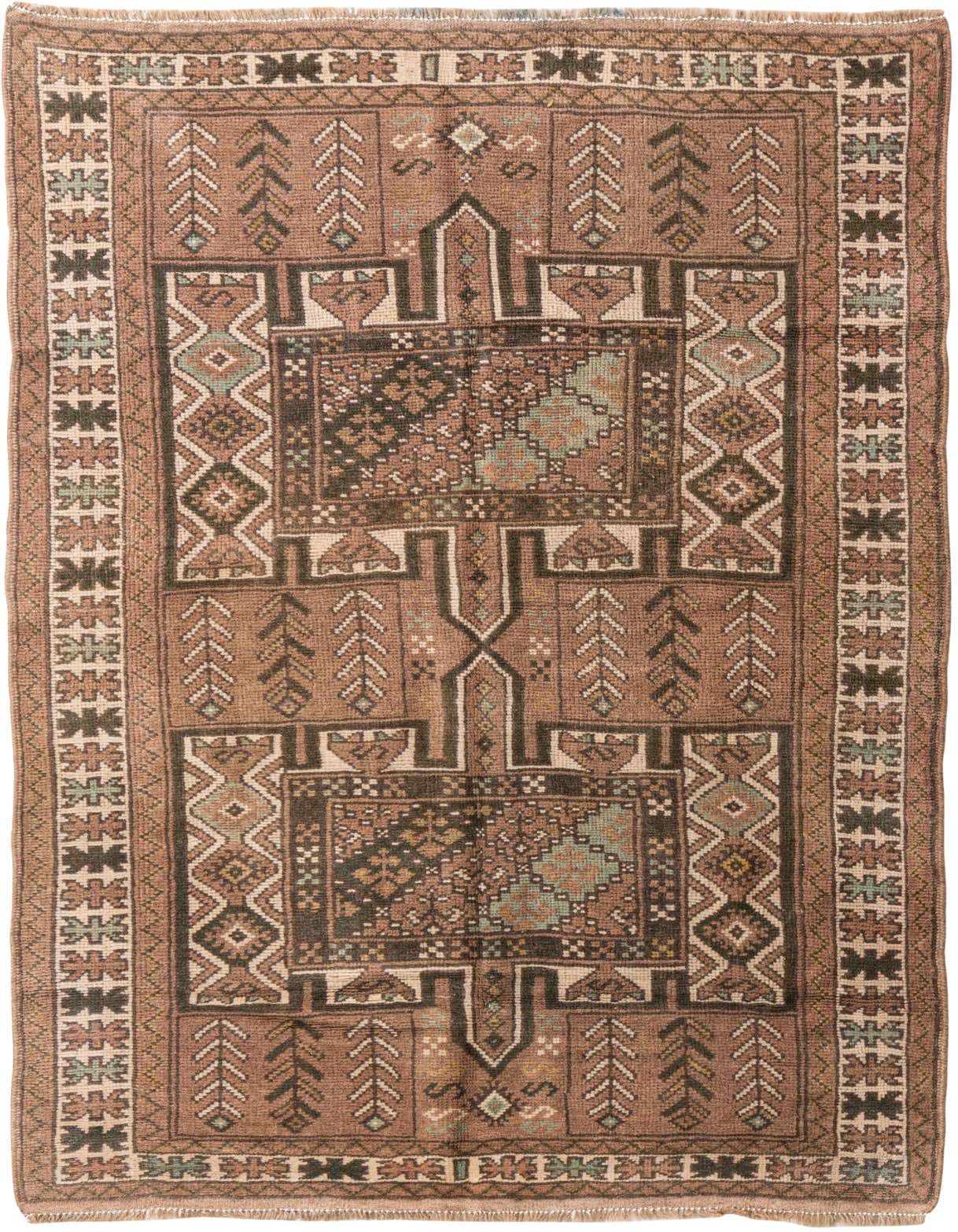 A 4x6 rectangular brown and tan Persian wool rug with intricate geometric and floral patterns, ideal for a living room.