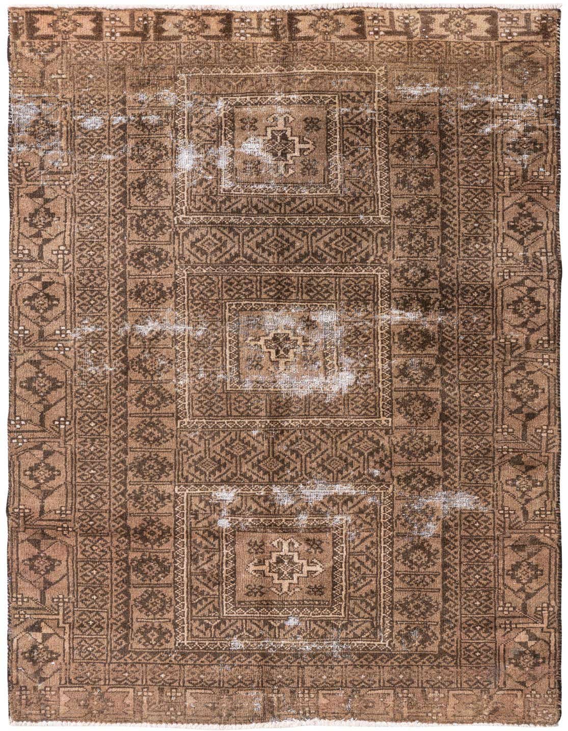 A 4x6 rectangular brown and tan Persian-style wool rug with a distressed medallion pattern, suitable for a living room.