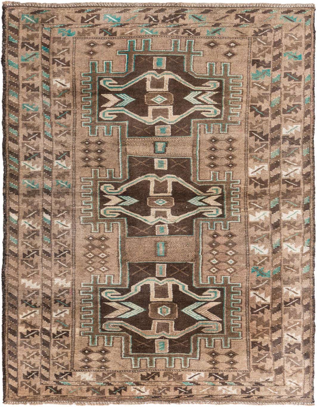 A 4x6 rectangular Ultra Vintage wool rug featuring a central medallion and geometric patterns in shades of brown, tan, and subtle teal.