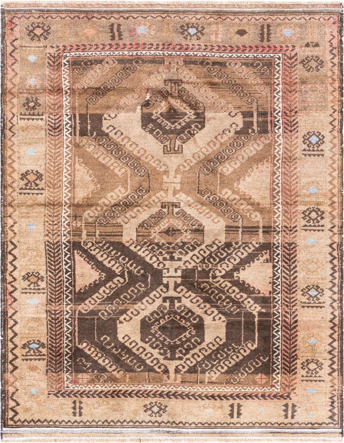 A 4x6 rectangular brown and tan Persian-style wool rug with a detailed geometric pattern and fringed edges.