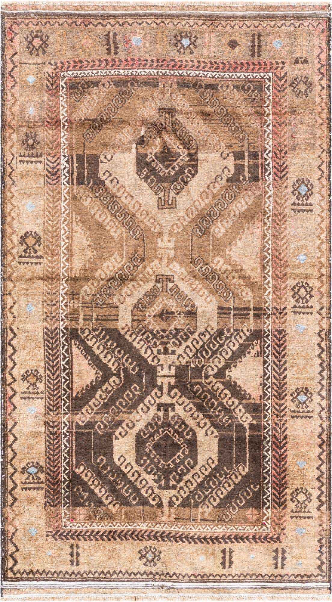A 4x6 rectangular brown and tan Persian-style wool rug with a detailed geometric pattern and fringed edges.