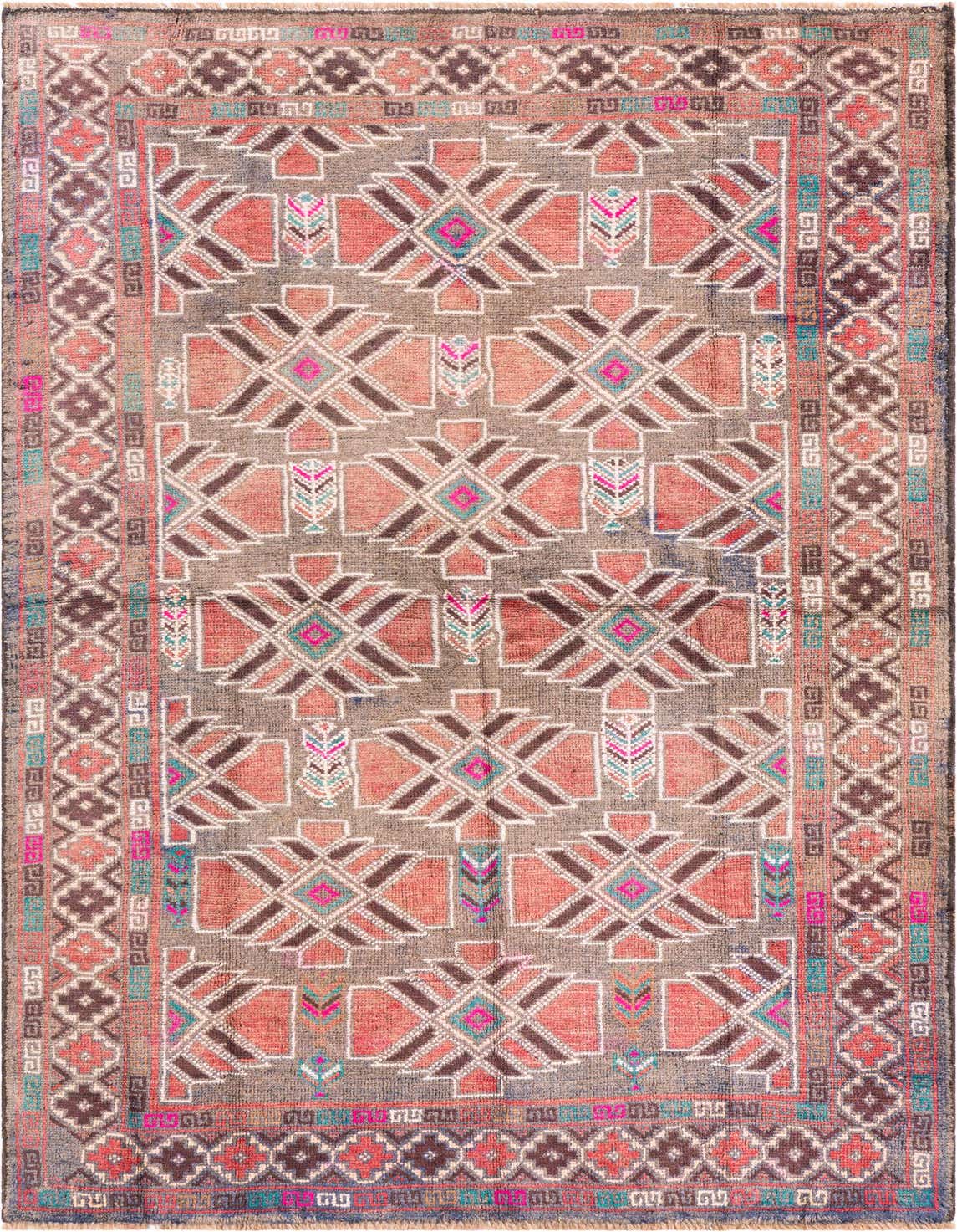 A 4x6 rectangular Ultra Vintage wool rug with a Persian-inspired geometric pattern in browns, tans, and hints of pink and teal.