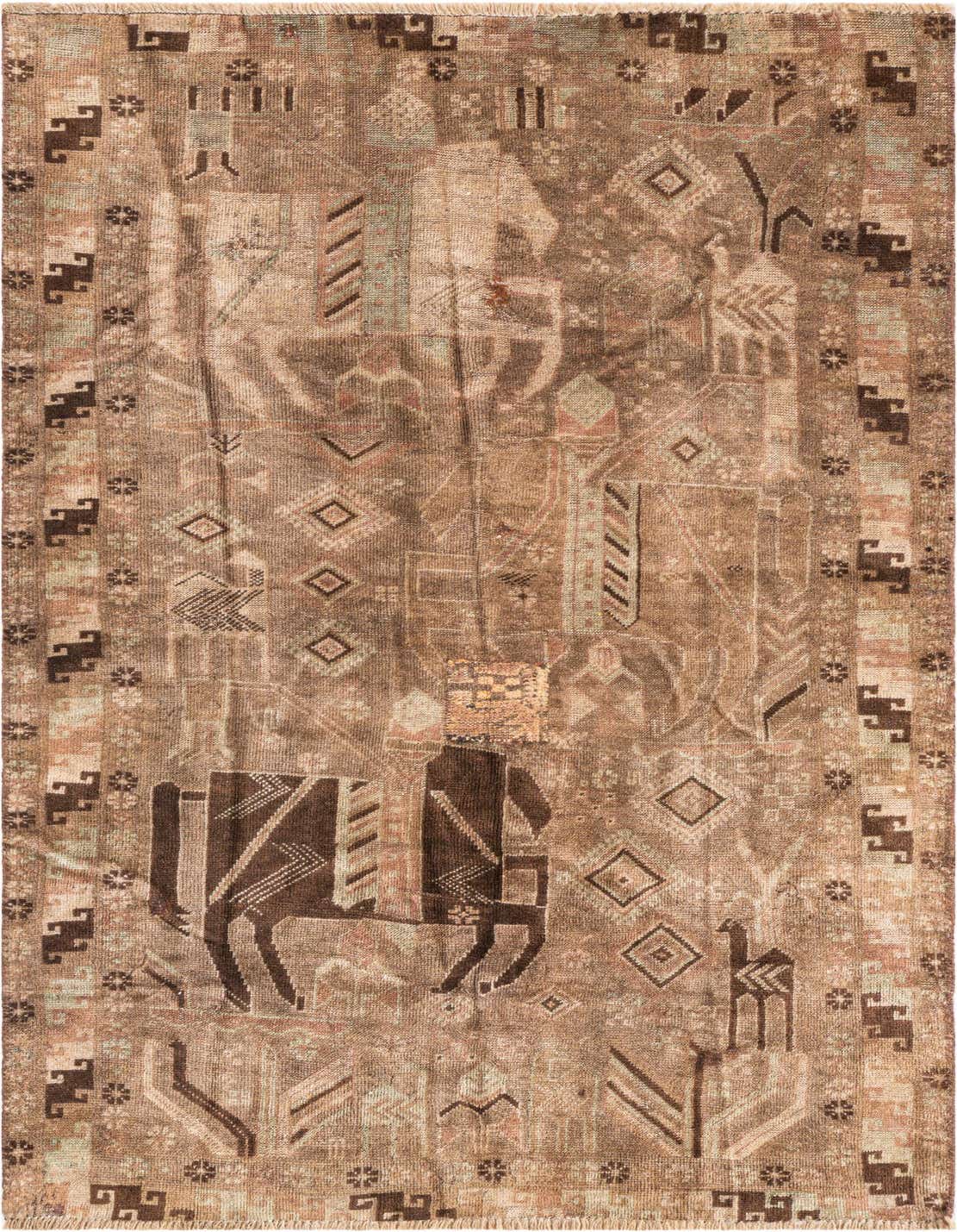 A 4x6 rectangular brown and tan wool rug with a vintage Persian design featuring abstract animal and geometric patterns.