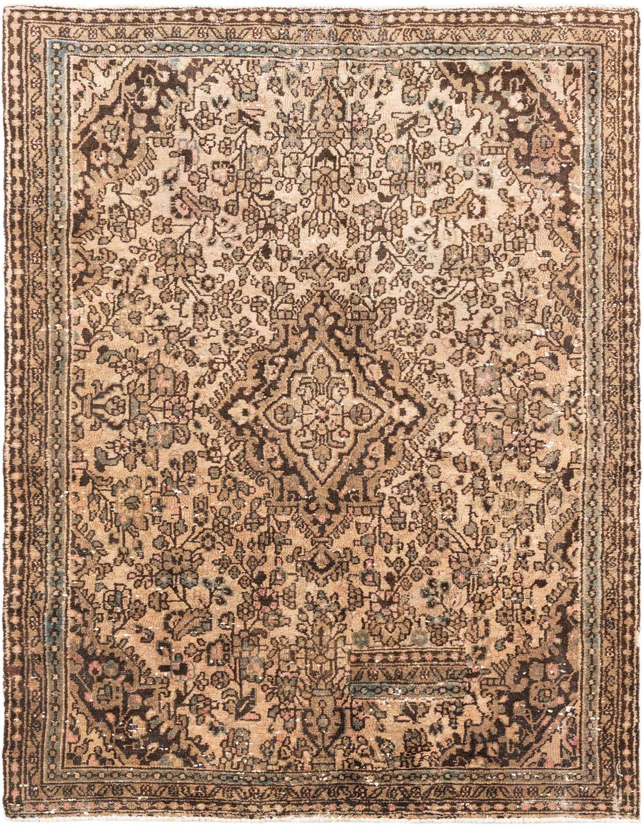 A 5x8 rectangular Ultra Vintage wool rug in browns and tans with a distressed Persian medallion pattern.