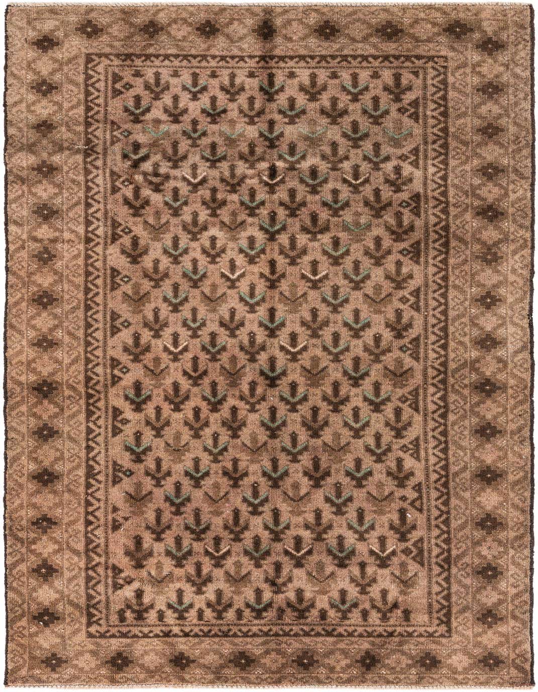 A 4x6 rectangular brown and tan Persian wool rug with a repeating arrow-like pattern and a detailed border.