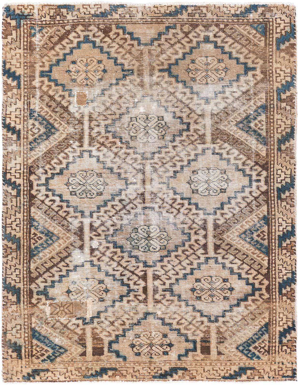 A 4x6 rectangular Ultra Vintage wool rug in browns and tans with a distressed Persian pattern, ideal for a living room.