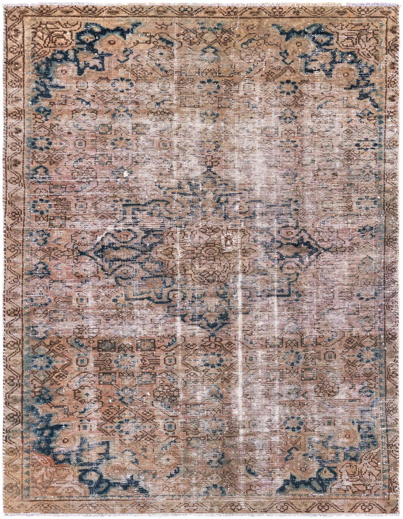 A 4x6 rectangular brown and tan Persian-style wool rug with distressed blue and brown oriental patterns, suitable for a living room.