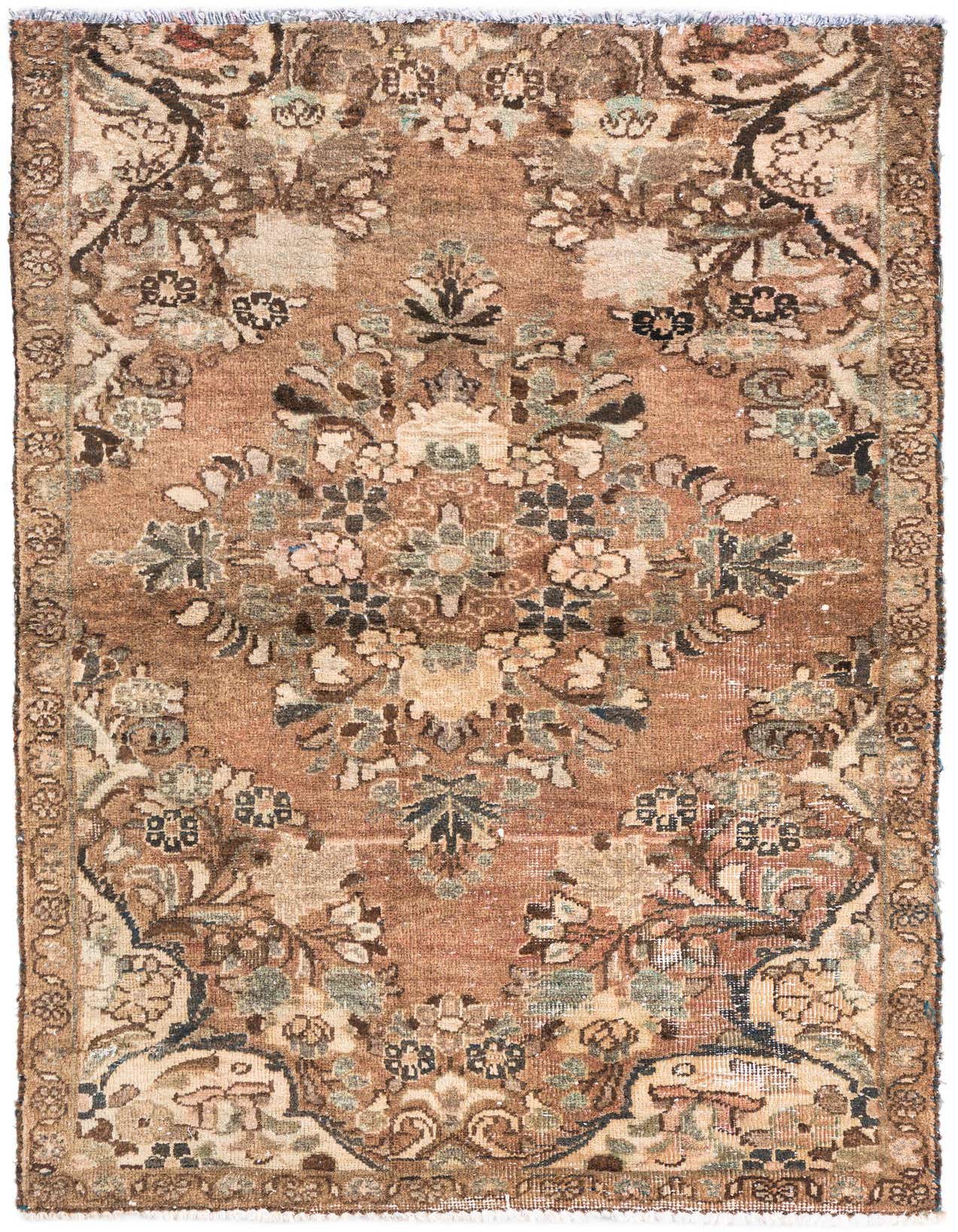 A 3x5 rectangular brown and tan Persian-style wool rug with intricate floral and medallion patterns, ideal for an entryway.