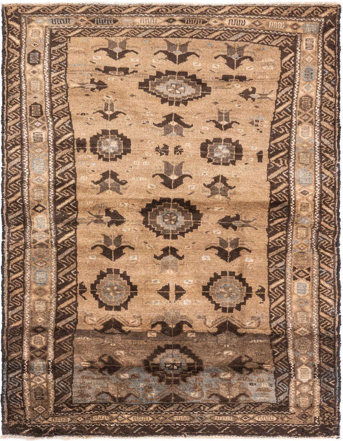 3x5 rectangular Ultra Vintage wool rug in shades of brown and tan, featuring a Persian-inspired medallion and floral pattern with a decorative border.