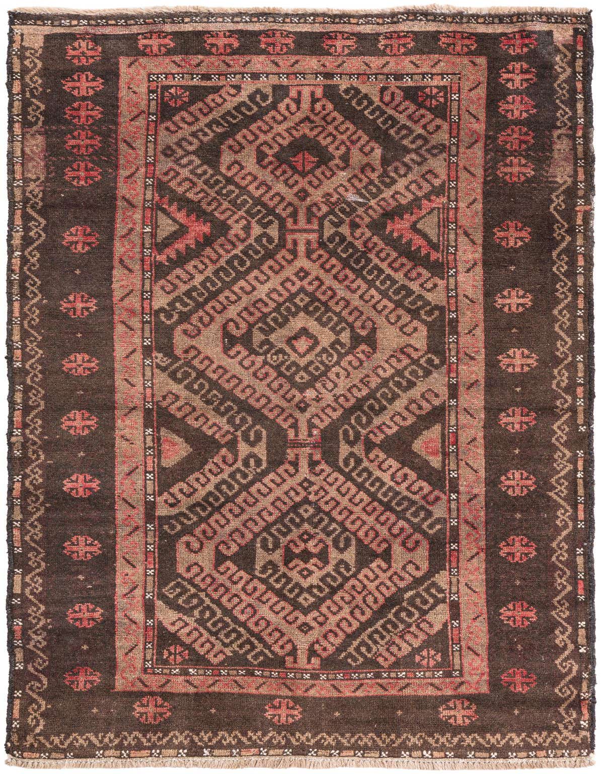 A 4x6 rectangular Ultra Vintage wool rug with a dark brown border and a central geometric pattern in tan and reddish-brown hues.