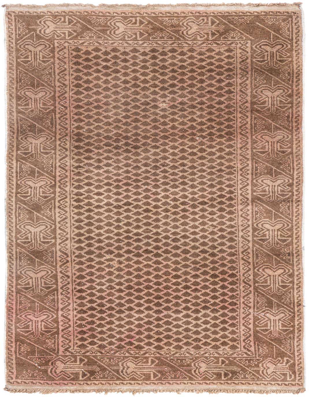 A 4x6 rectangular brown and tan Persian wool rug with a repeating diamond pattern and intricate border design.