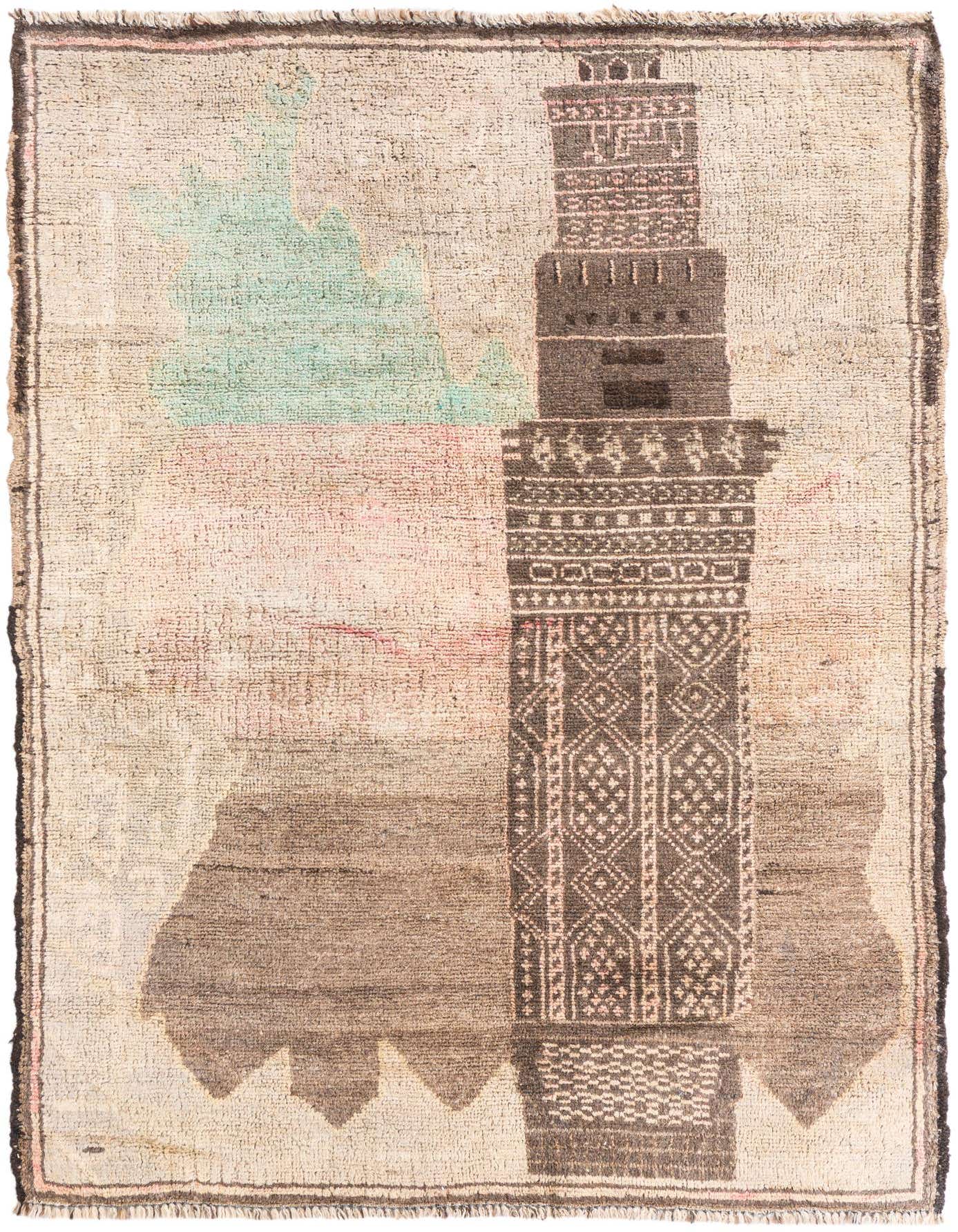 A 3x5 rectangular Ultra Vintage rug featuring a brown and tan abstract Persian design with a central tower-like motif.